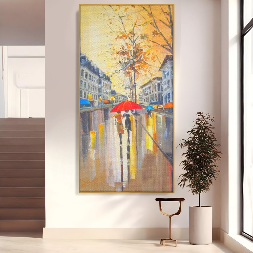 Tablou canvas cu tablou canvas cu peisaj urban ploios, in rama de aluminiu auriu